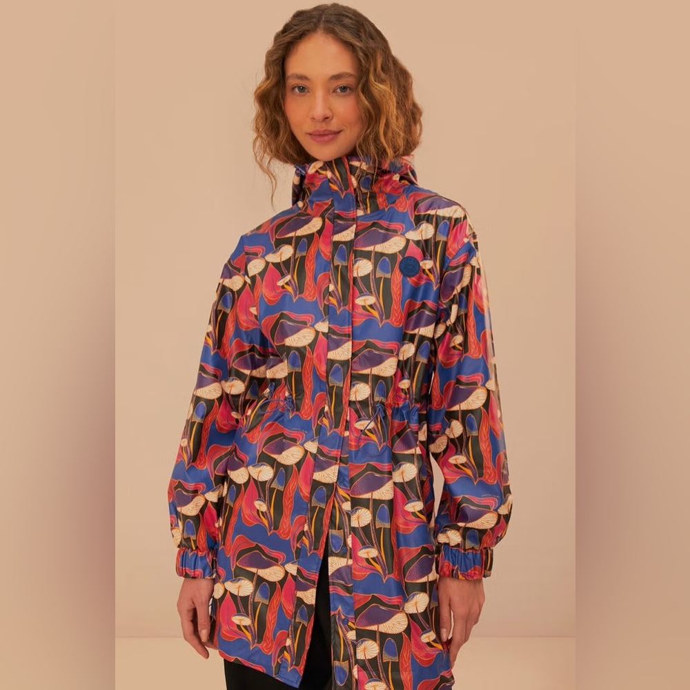 FARM Rio Whimsical Wild Mushrooms Printed Shell Hooded Raincoat with Mesh Lining